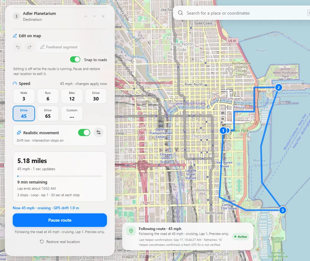 A running three-stop loop in Geovoya: speed presets, the Realistic movement switch turned on, a 5.18-mile route with 9 minutes remaining and the live readout “Now 45 mph · cruising · GPS drift 1.9 m”.